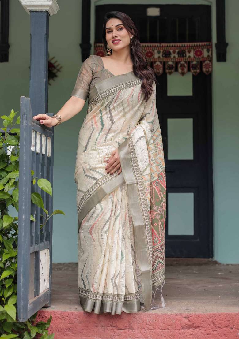 Cream Embroidery Linen Saree Set for Diwali and Festive Wear - Indya