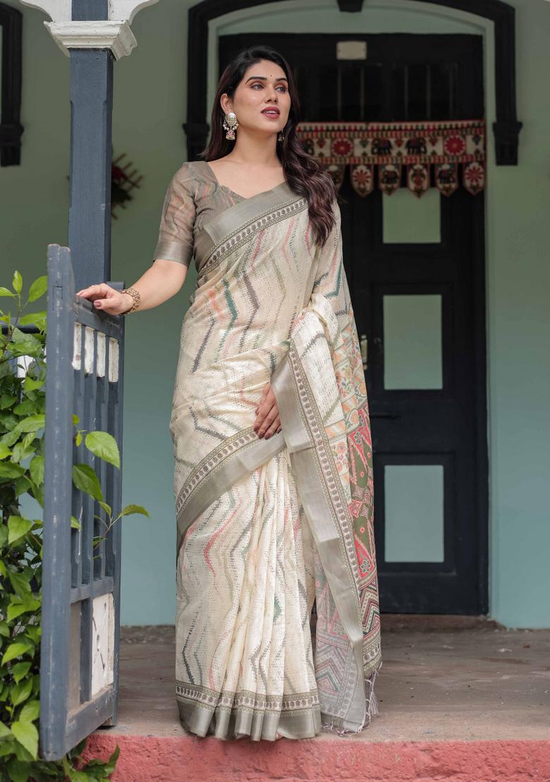 Cream Embroidery Linen Saree Set - Indya