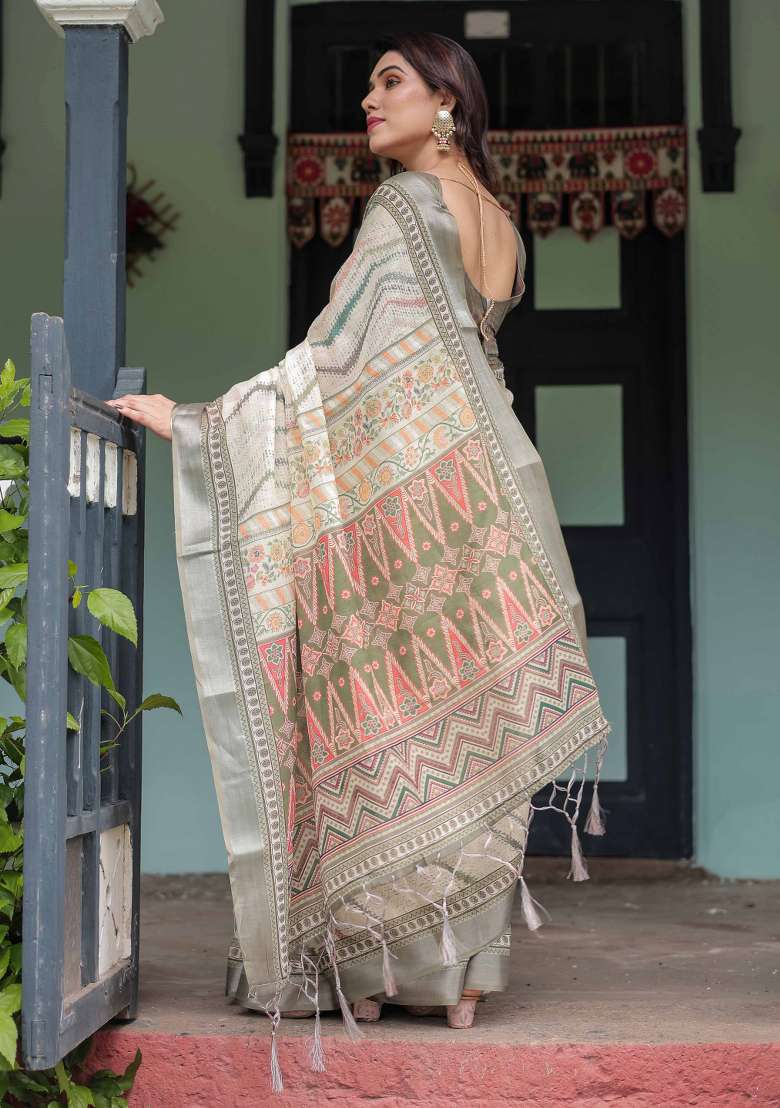 Cream Embroidery Linen Saree Set for Diwali and Festive Wear - Indya