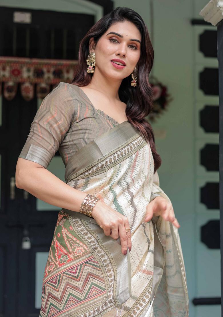 Cream Embroidery Linen Saree Set - Indya