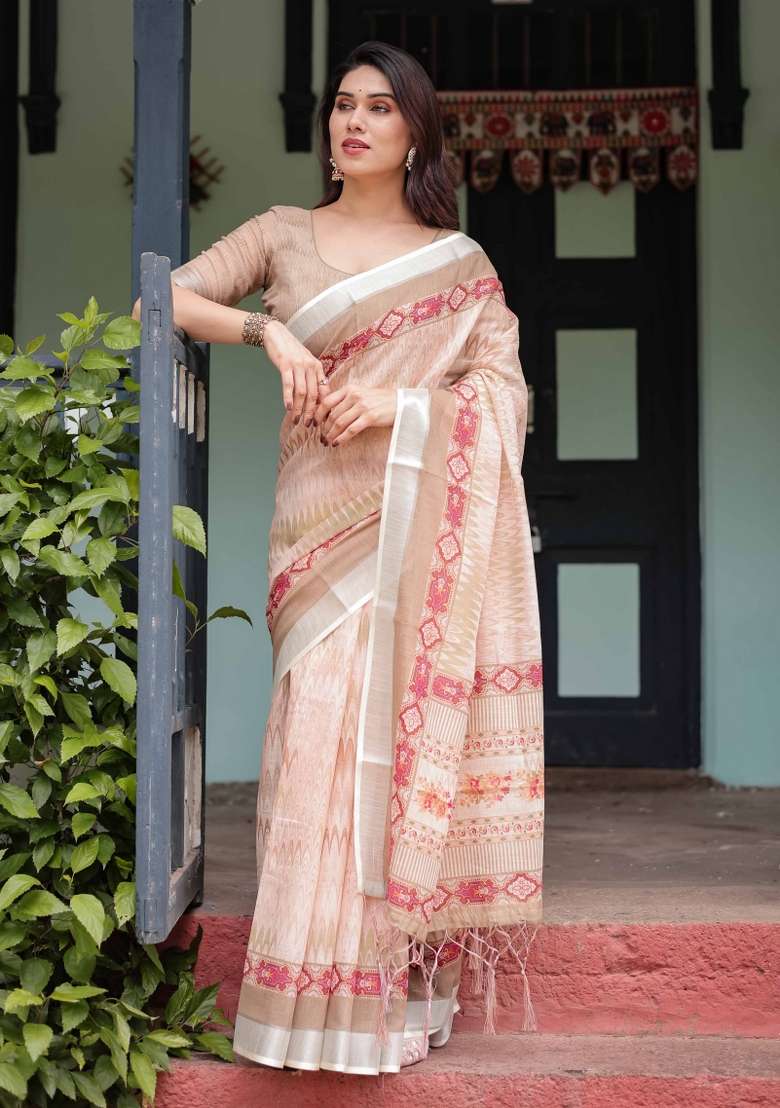 Peach Linen Saree Set with Embroidery for Diwali | Wedding & Festive Wear - Indya