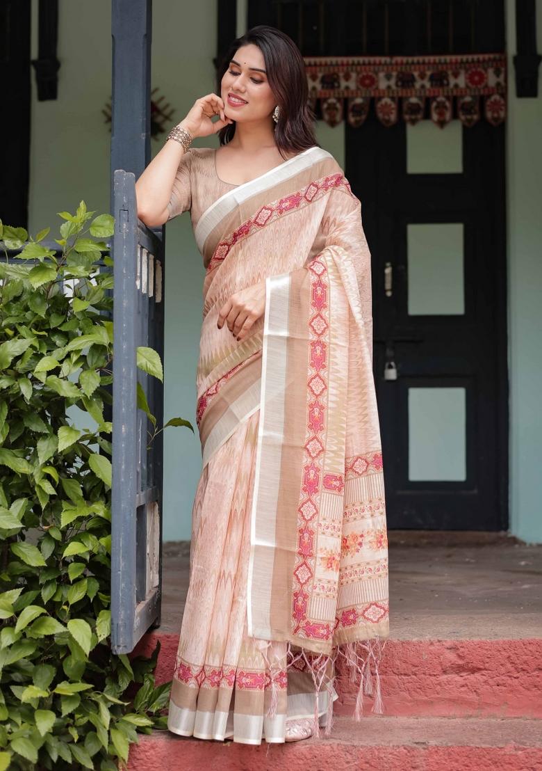 Peach Embroidery Linen Saree Set - Indya