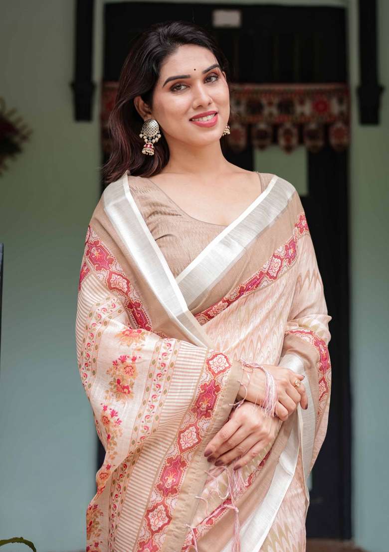 Peach Linen Saree Set with Embroidery for Diwali | Wedding & Festive Wear - Indya