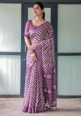 Purple Embroidery Linen Saree Set