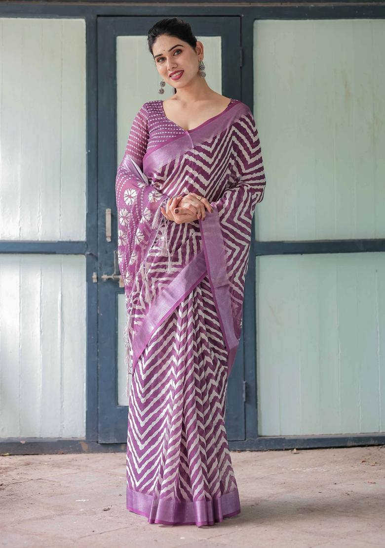 Purple Embroidery Linen Saree Set - Indya