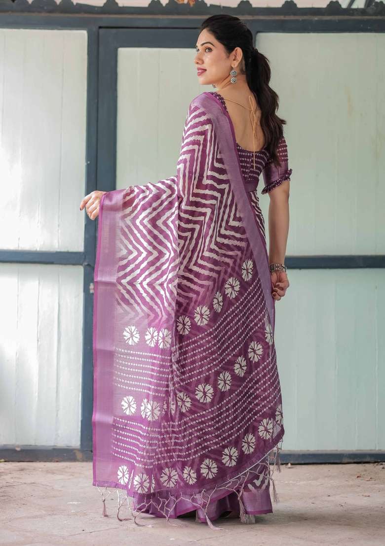 Purple Linen Saree Set with Embroidery for Diwali | Wedding & Festive Wear - Indya