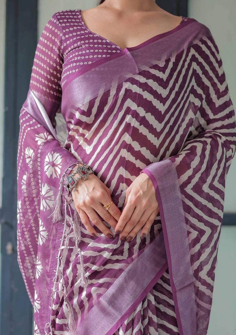 Purple Embroidery Linen Saree Set - Indya