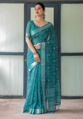 Teal Blue Embroidery Linen Saree Set