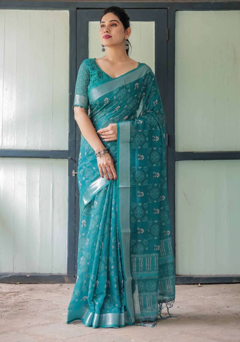 Teal Blue Linen Saree Set with Embroidery for Diwali | Wedding & Festive Wear - Indya