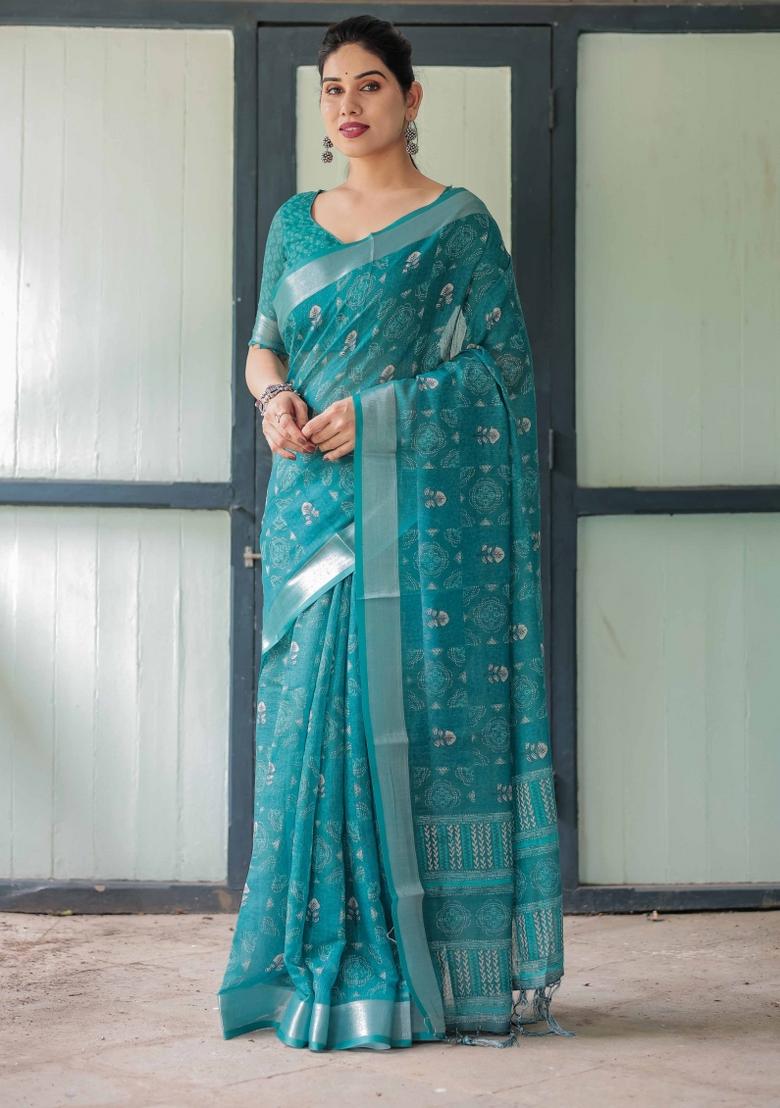 Teal Blue Embroidery Linen Saree Set - Indya