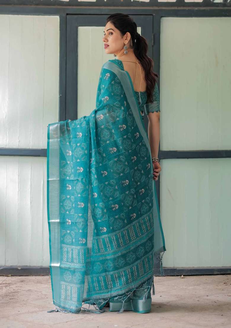 Teal Blue Linen Saree Set with Embroidery for Diwali | Wedding & Festive Wear - Indya