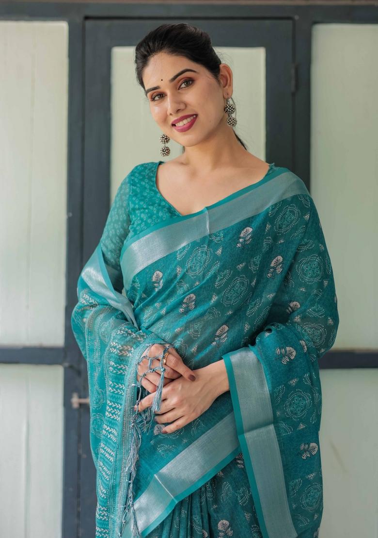 Teal Blue Embroidery Linen Saree Set - Indya
