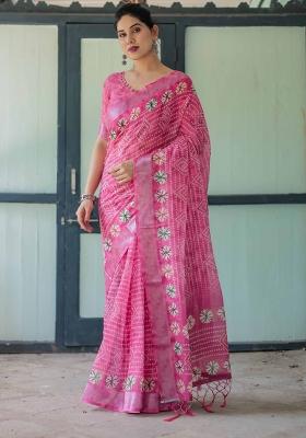 Pink Embroidery Linen Saree Set