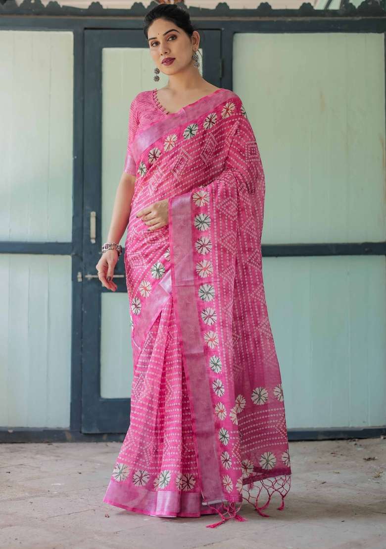 Pink Linen Saree Set with Embroidery for Diwali | Wedding & Festive Wear - Indya