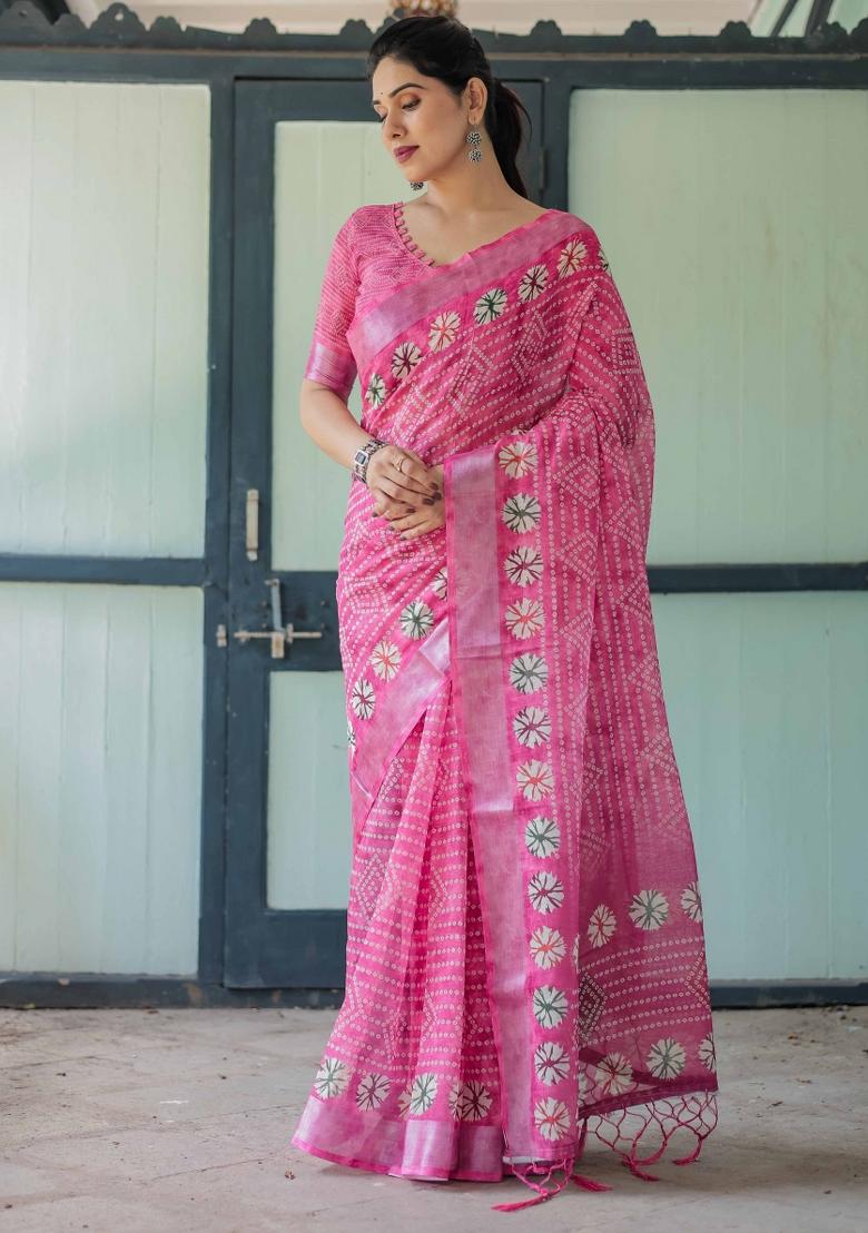 Pink Embroidery Linen Saree Set - Indya