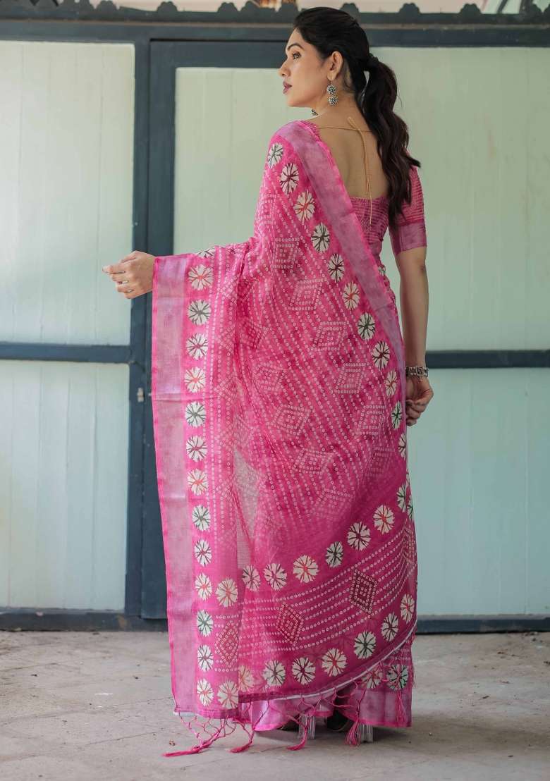 Pink Linen Saree Set with Embroidery for Diwali | Wedding & Festive Wear - Indya