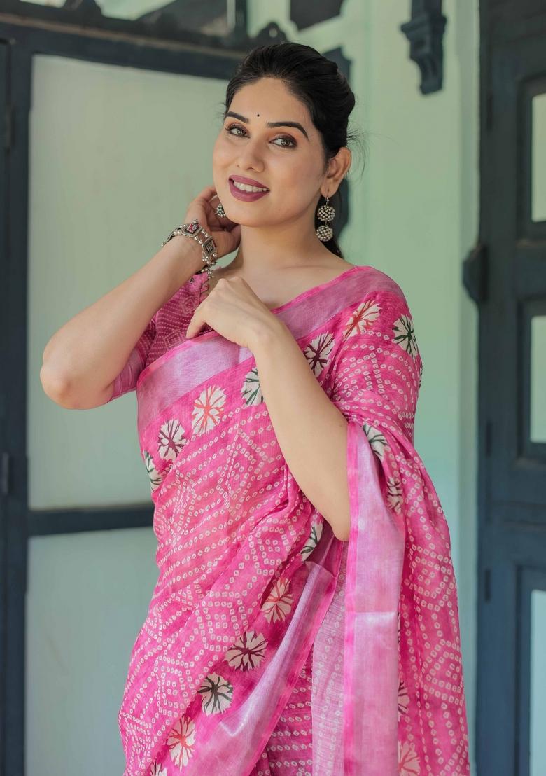 Pink Embroidery Linen Saree Set - Indya