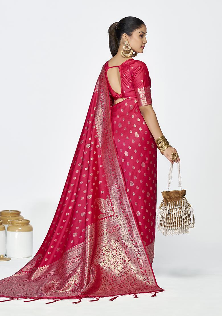 Rani Pink Weaving Work Silk Saree Set - Indya