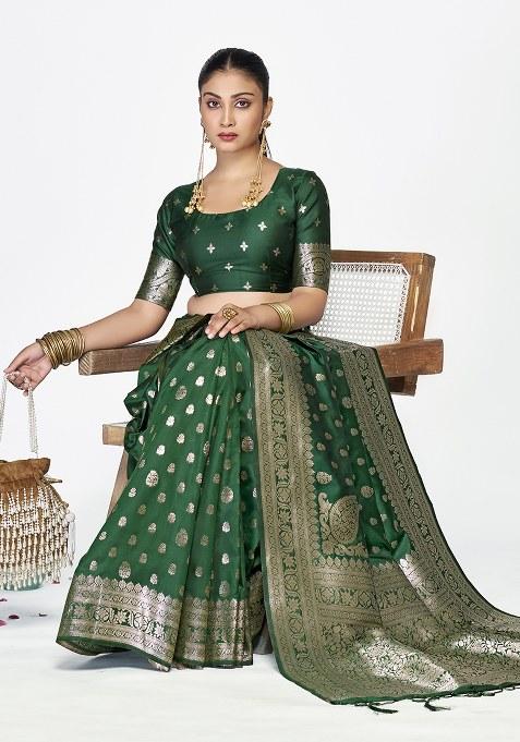 Green Weaving Work Silk Saree Set