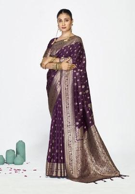 Wine Weaving Work Silk Saree Set
