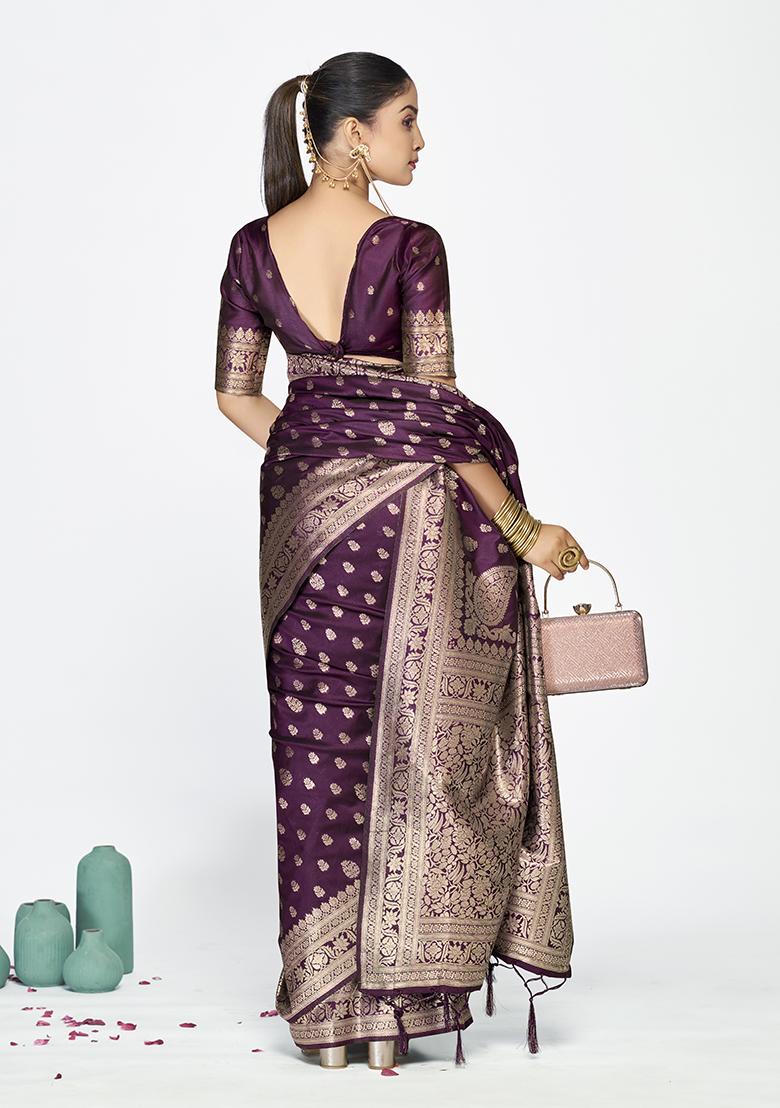Wine Weaving Work Silk Saree Set - Indya