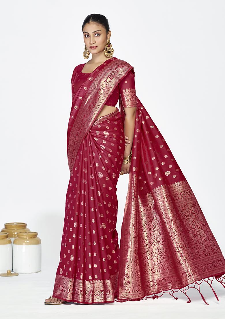 Maroon Weaving Work Silk Saree Set - Indya