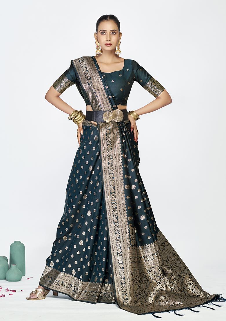 Navy Blue Weaving Work Silk Saree Set - Indya
