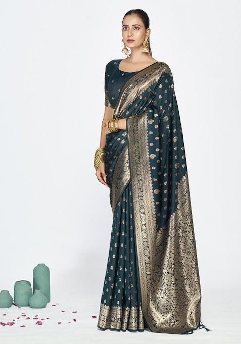 Navy Blue Weaving Work Silk Saree Set