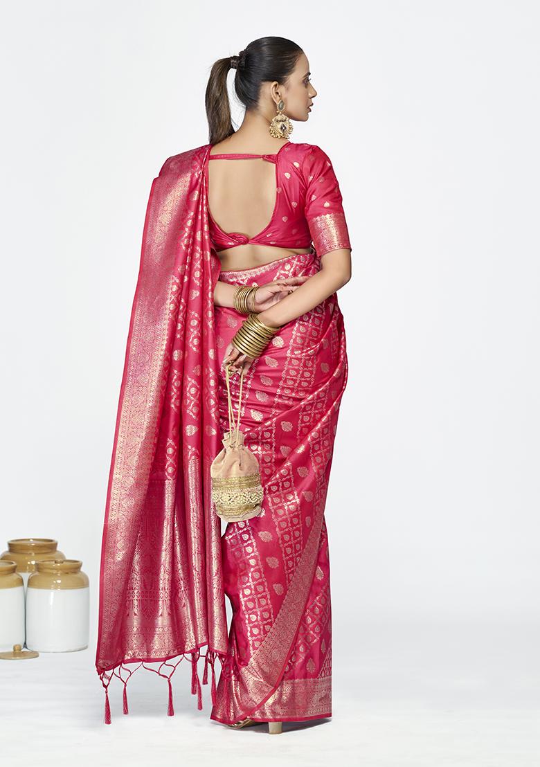 Rani Pink Weaving Work Silk Saree Set - Indya