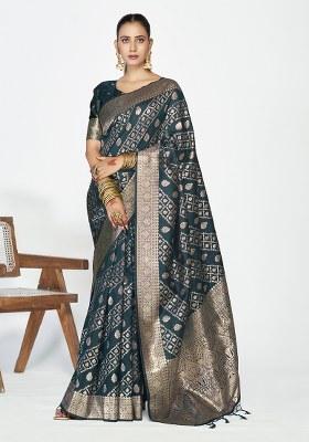 Teal Blue Weaving Work Silk Saree Set