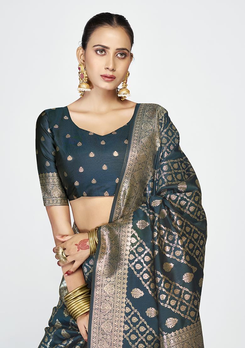 Teal Blue Weaving Work Silk Saree Set - Indya