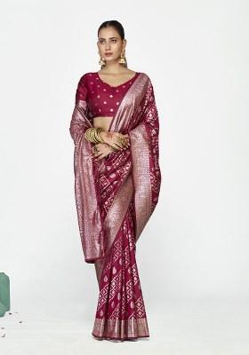 Wine Weaving Work Silk Saree Set