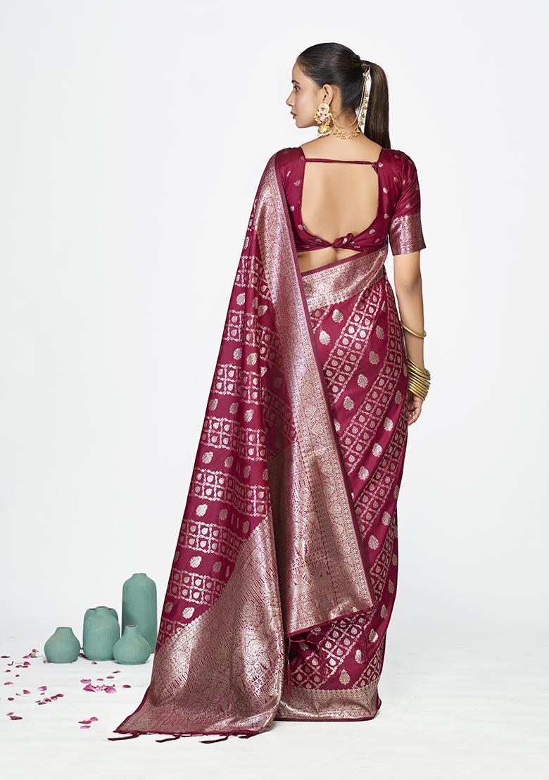 Wine Weaving Work Silk Saree Set - Indya
