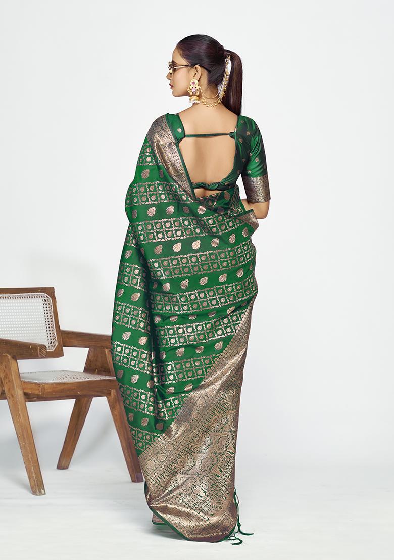 Green Weaving Work Silk Saree Set - Indya