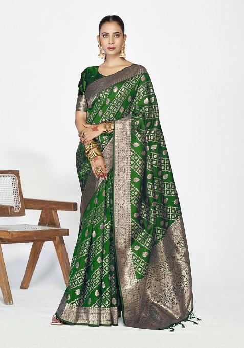 Green Weaving Work Silk Saree Set
