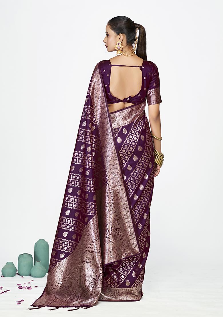 Purple Weaving Work Silk Saree Set - Indya