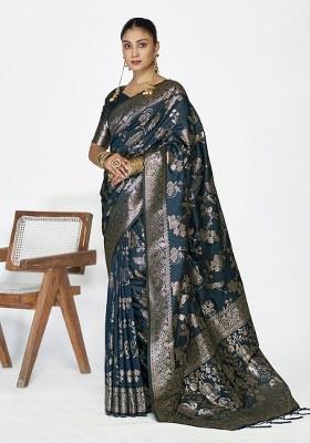Navy Blue Weaving Work Silk Saree Set