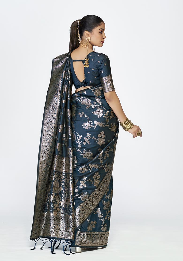 Navy Blue Weaving Work Silk Saree Set - Indya
