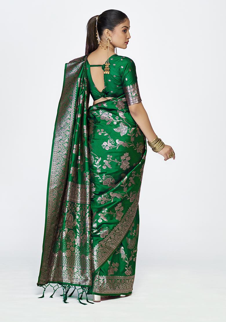 Green Weaving Work Silk Saree Set - Indya
