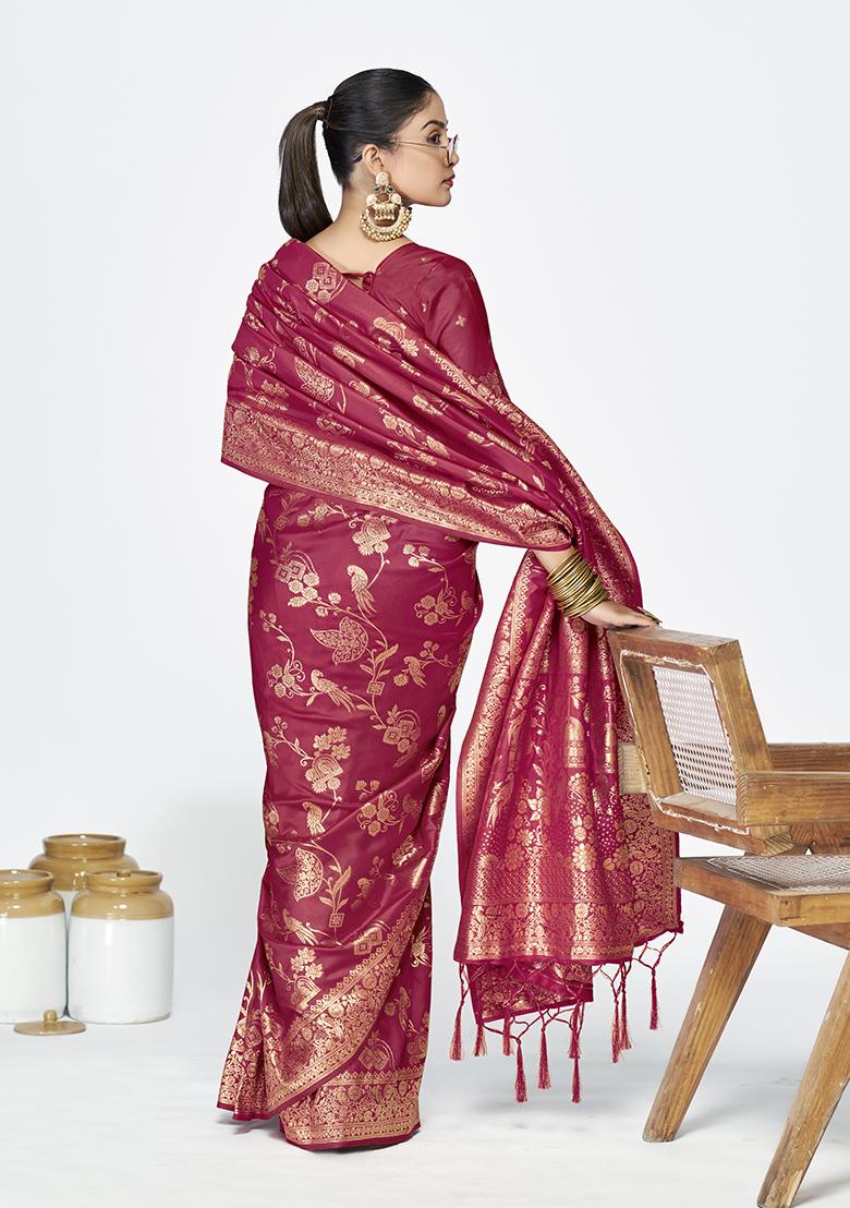Rose Pink Weaving Work Silk Saree Set - Indya