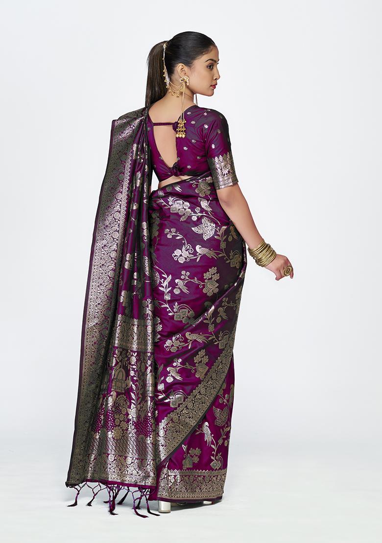 Wine Weaving Work Silk Saree Set - Indya