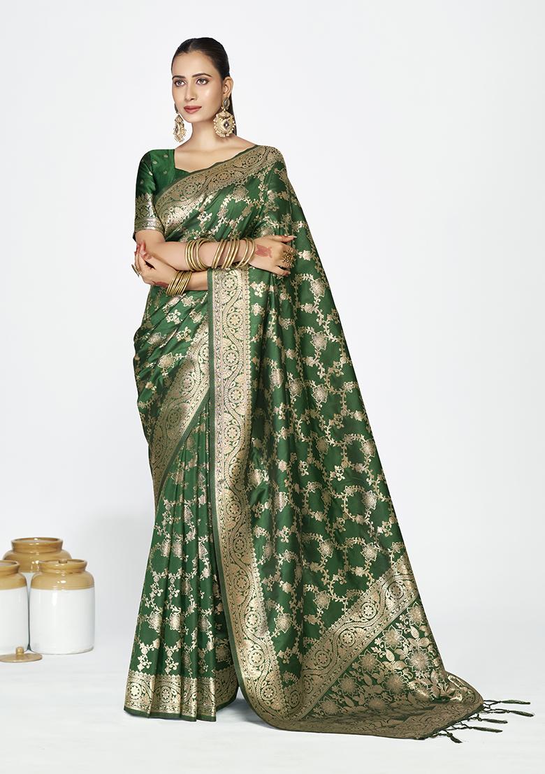 Green Weaving Work Silk Saree Set - Indya