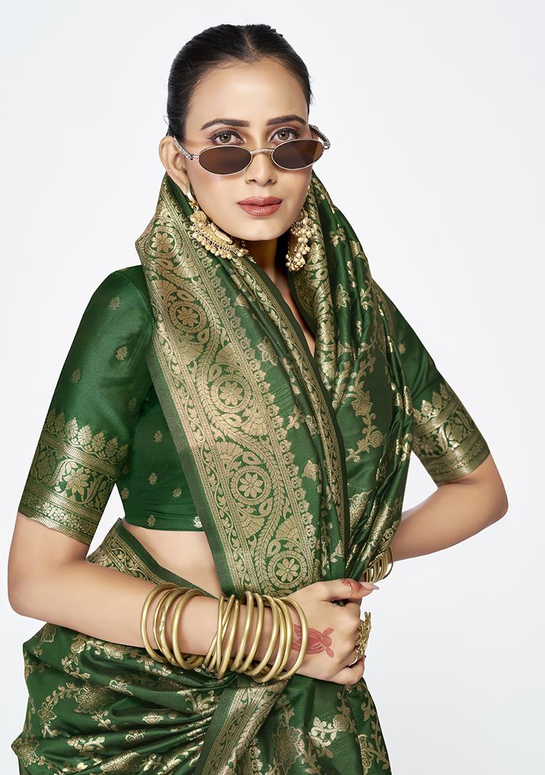 Green Weaving Work Silk Saree Set - Indya