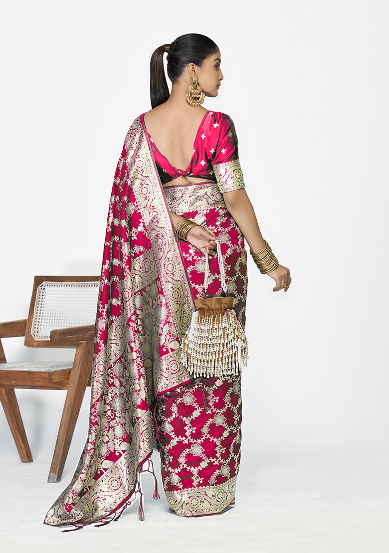Rani Pink Weaving Work Silk Saree Set - Indya