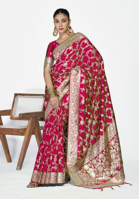 Rani Pink Weaving Work Silk Saree Set