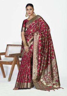 Burgundy Weaving Work Silk Saree Set