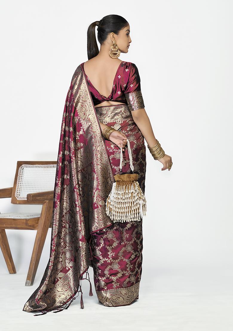 Burgundy Weaving Work Silk Saree Set - Indya