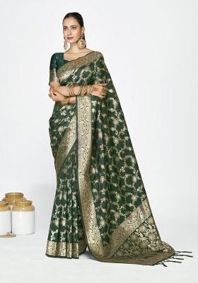 Green Weaving Work Silk Saree Set