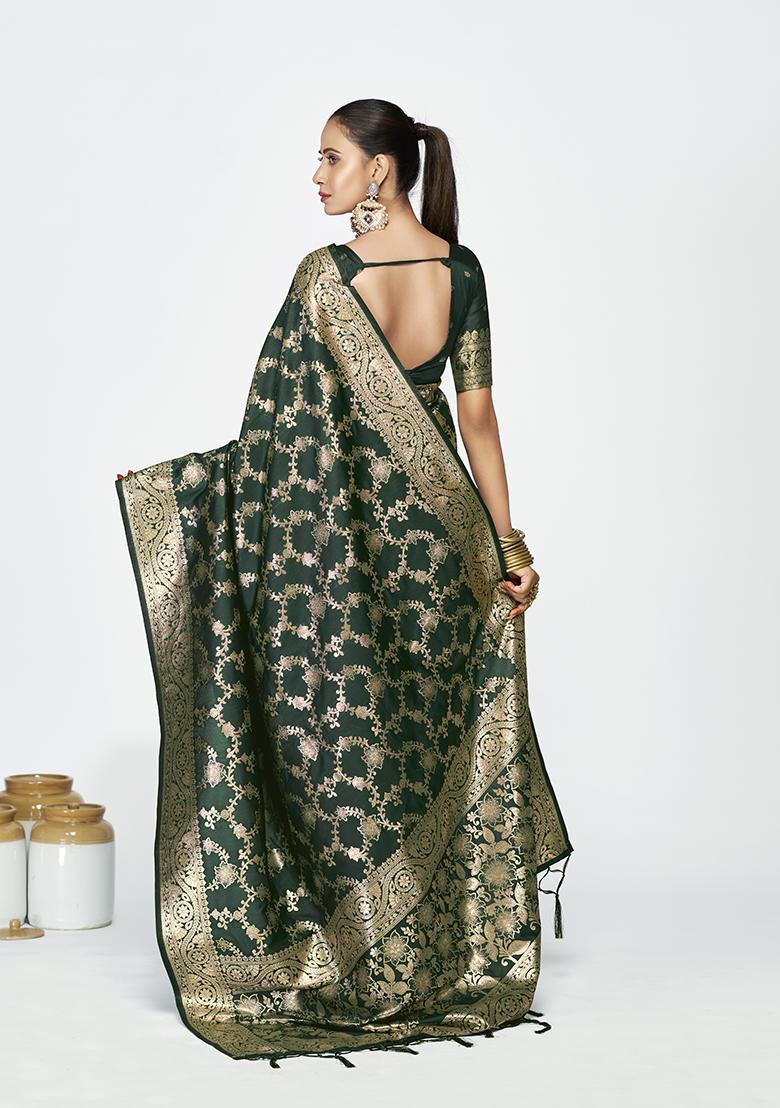 Green Weaving Work Silk Saree Set - Indya