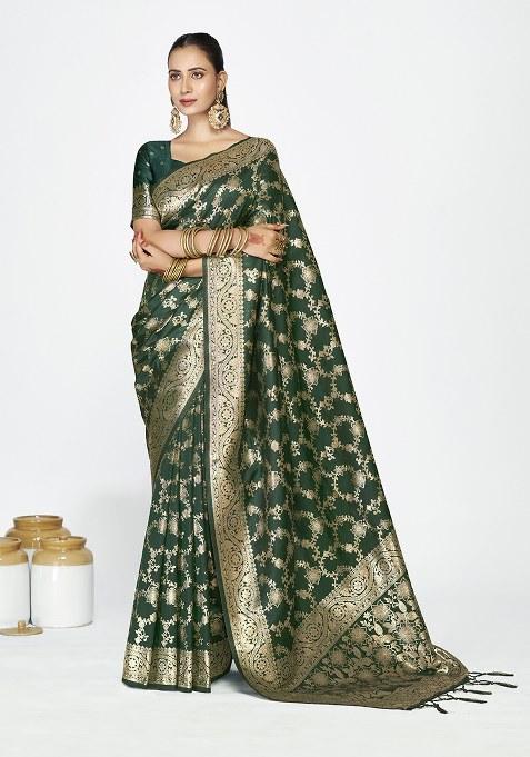 Green Weaving Work Silk Saree Set